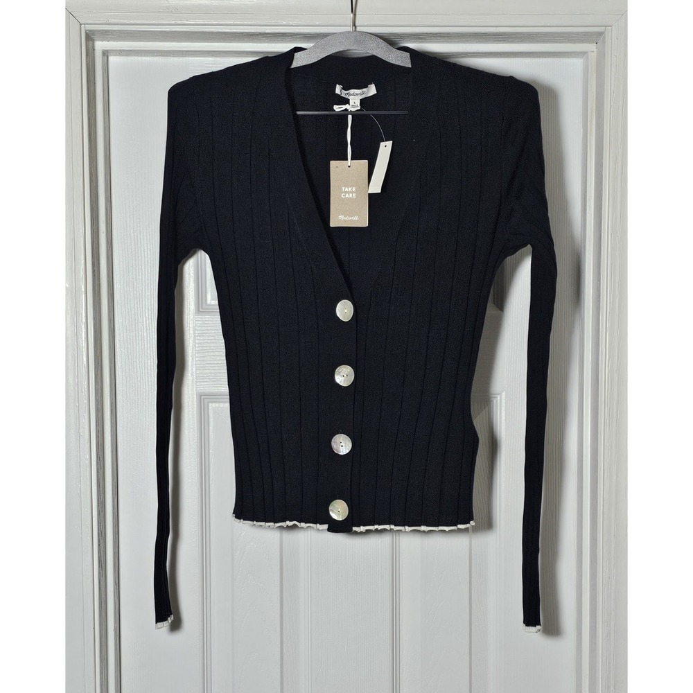 Madewell Black V Neck Ribbed Knit Cardigan Size Large Merino Silk Blend Acadamia